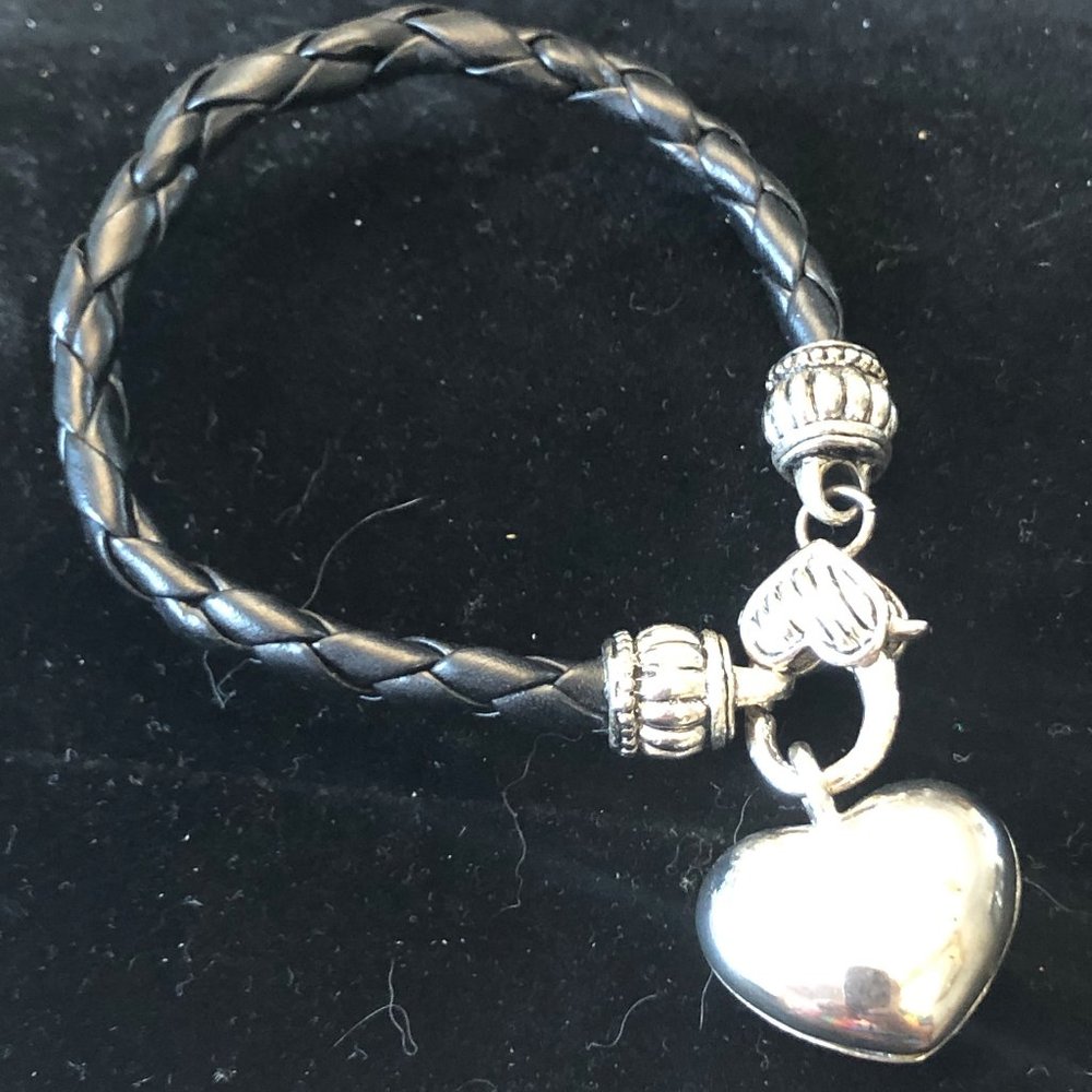 SILVER METAL AND BRAIDED LEATHER BRACELET